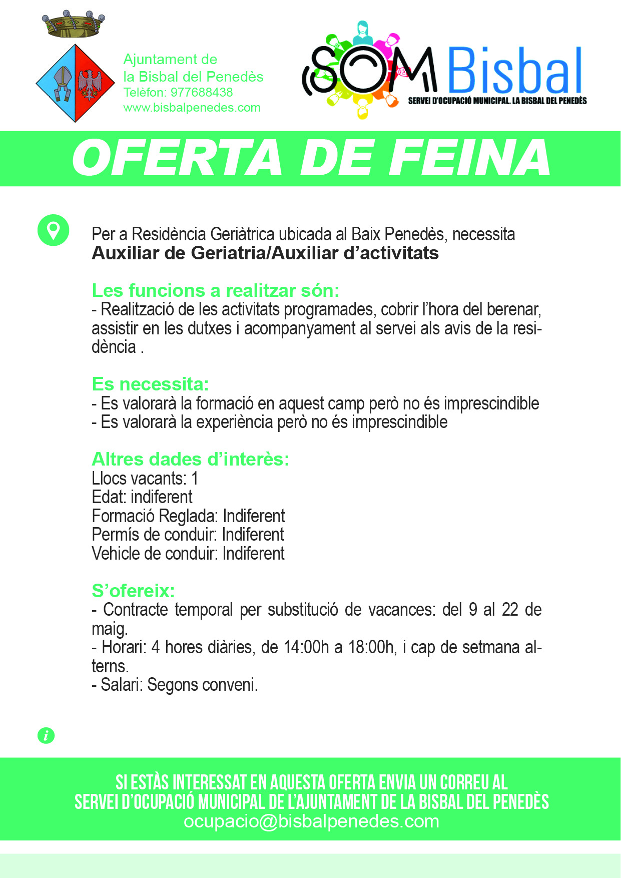 Oferta de feina. Auxiliar de Geriatria/Auxiliar d’activitats