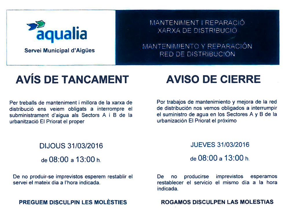 Avís tall d’aigua Priorat pel dia 31/03/2016