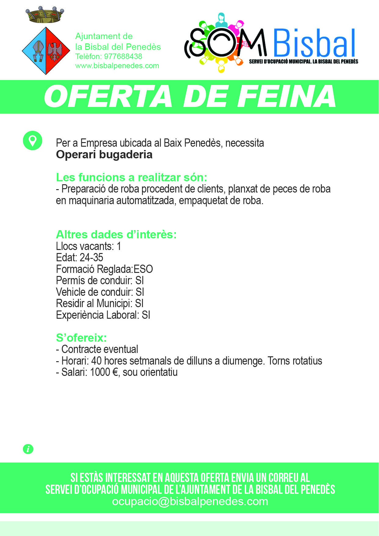 Oferta de feina, operari bugaderia