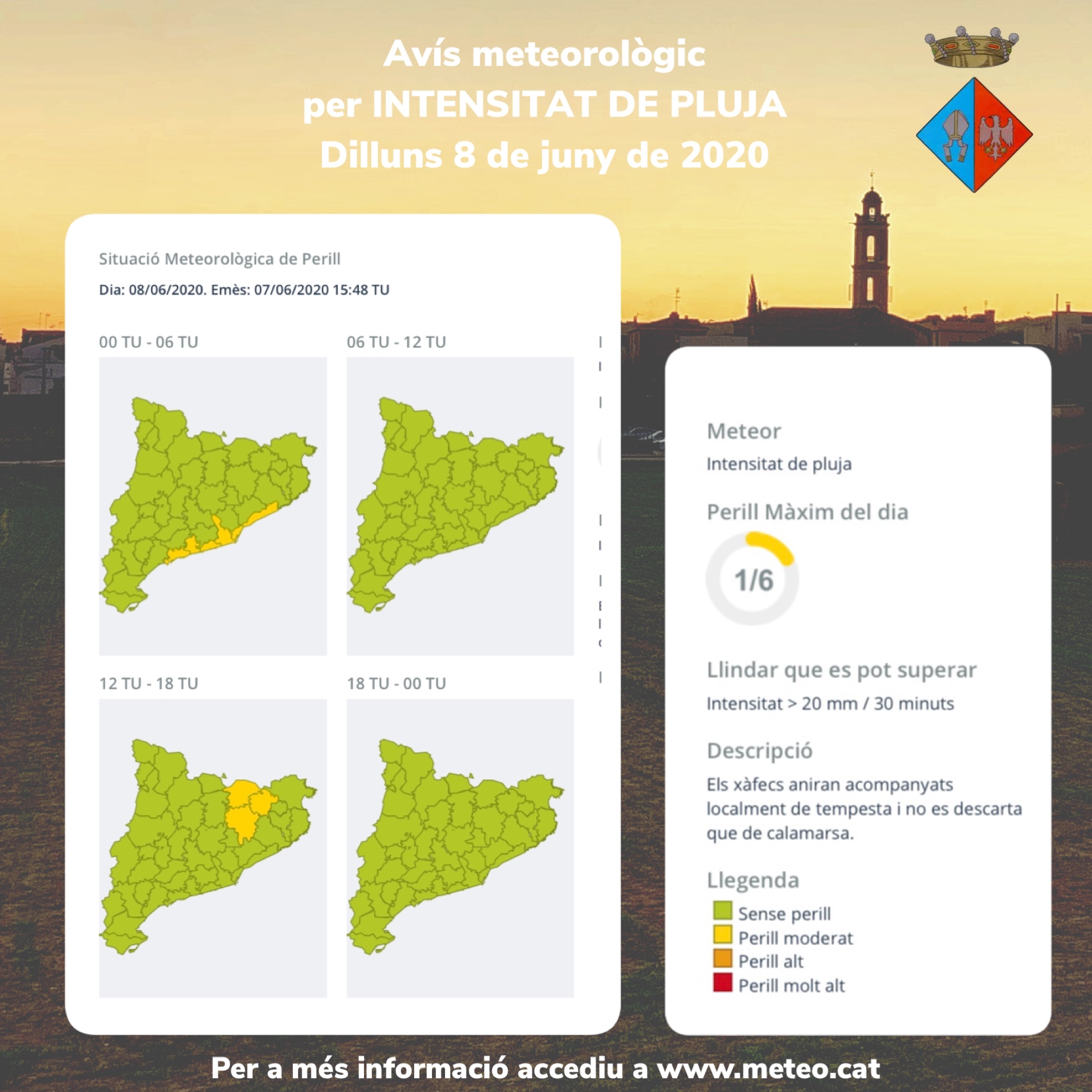 L’avís per intensitat de pluja continuarà actiu durant la nit i la matinada de diumenge a dilluns
