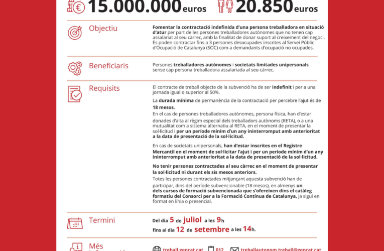 Subvencions per a autònoms per contractar una persona treballadora assalariada (Generalitat de Catalunya)
