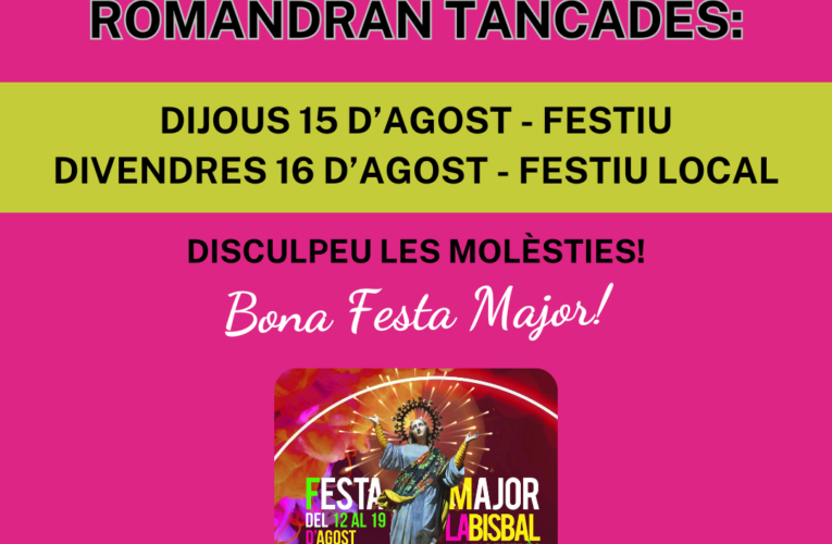 El dijous 15 i el divendres 16 d’agost estaran tancades les oficines municipals