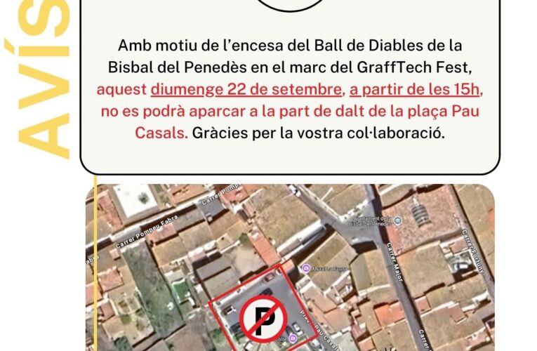 Aquest diumenge a la tarda (a partir de les 15h) no es podrà aparcar a la part de dalt de la plaça Pau Casals