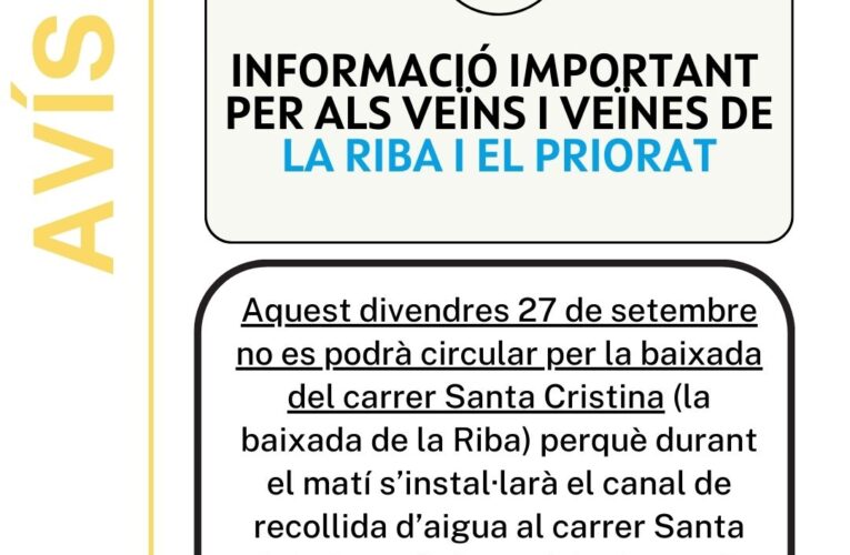 Avís important per als veïns i veïnes del Priorat i la Riba