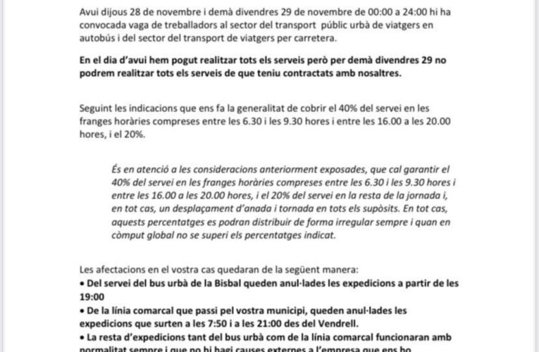 Avís: afectacions del bus urbà amb motiu de la vaga [29 de novembre]