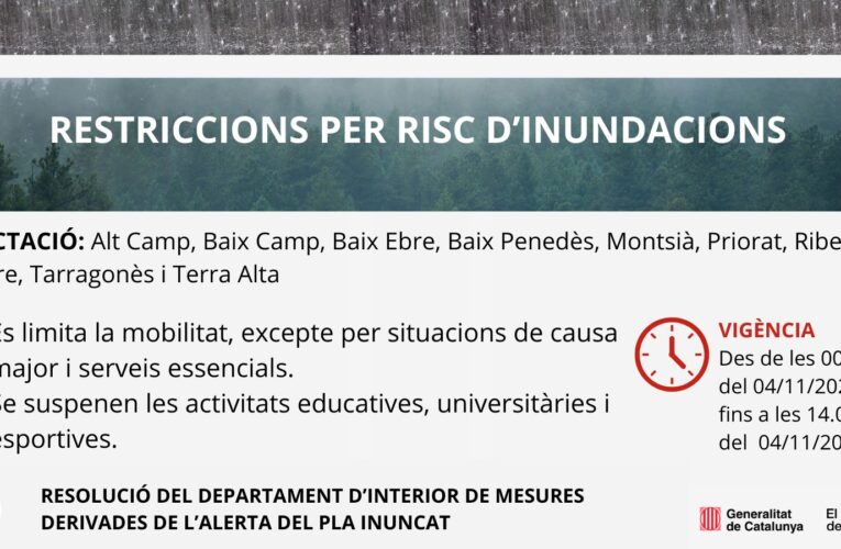 Informació important: es restringeix el trànsit des de les 00h fins a les 14h del 4 de novembre de 2024 per l’activació del PLA INUNCAT