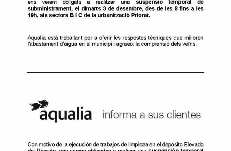 Avís de tall programat d’aigua al Priorat – Dimarts 3 de desembre