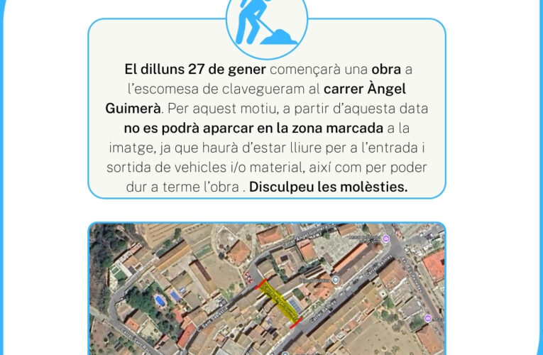 Avís d’Aqualia: no aparcar en el tram indicat del carrer Àngel Guimerà a partir del dilluns 27 de gener