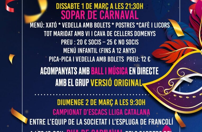 Carnaval a la Societat: sopar, escacs i rua