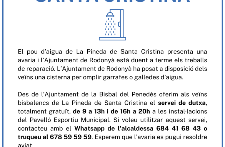 Servei de dutxa gratuït per als veïns bisbalencs de La Pineda de Santa Cristina mentre es repara el pou que dona servei al barri