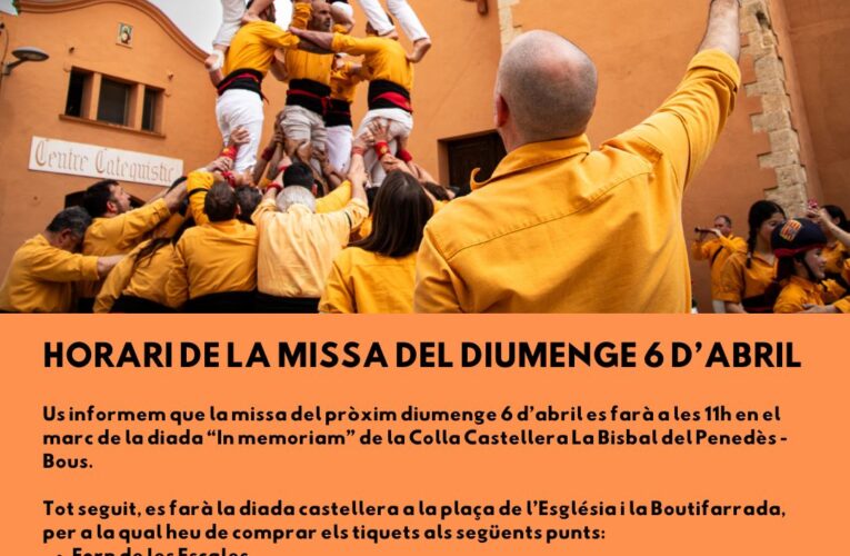 La missa del diumenge 6 d’abril es farà a les 11h en el marc de la diada “In memoriam” dels Bous