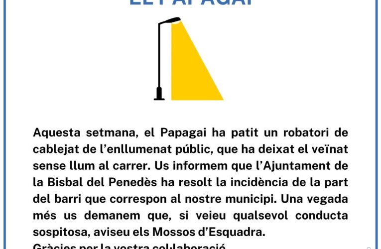 Incidència en l’enllumenat públic del Papagai resolta