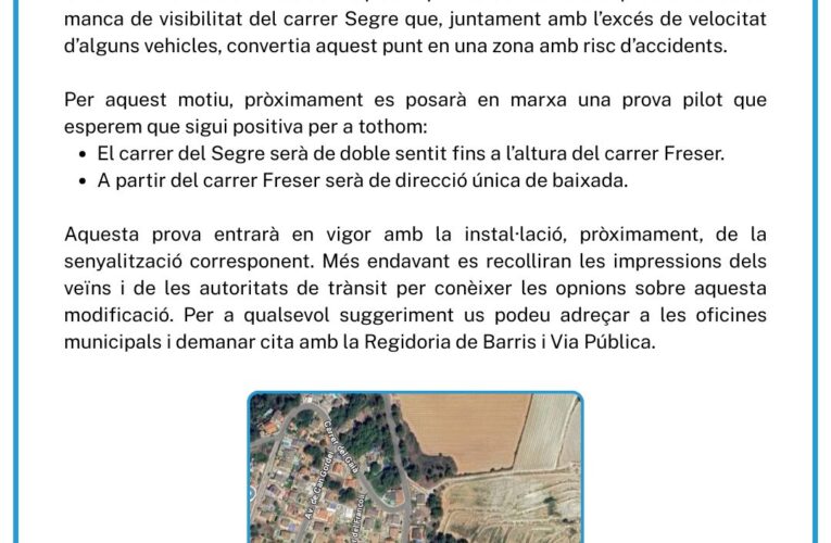 Canvi en el sentit de la circulació del carrer Segre de Can Gordei