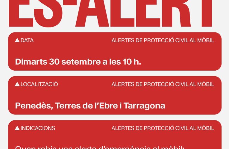 Prova ES-ALERT de Protecció Civil amb avís al mòbil (dimarts 30 de setembre)
