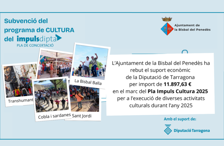 La Diputació de Tarragona subvenciona amb 11.897,63€ diverses activitats en el marc del Pla Impuls Cultura durant el 2025