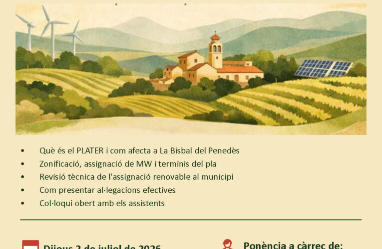 La Bisbal del Penedès acollirà una xerrada informativa sobre el PLATER i les energies renovables al territori el dia 2 de juliol