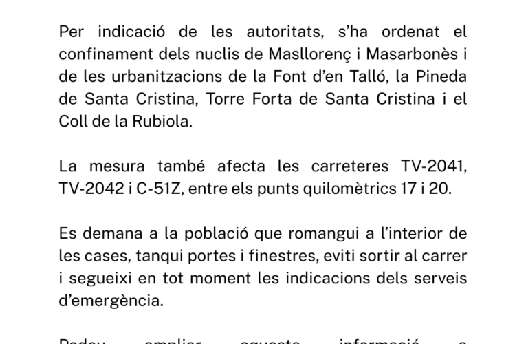 S’ordena el confinament de la Pineda de Santa Cristina