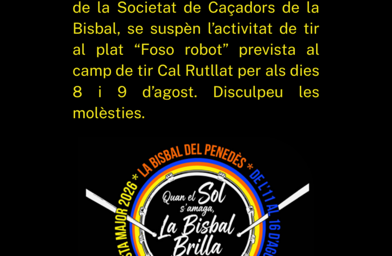 Modificació del programa de la Festa Major: se suspèn el tir al plat de Festa Major previst per als dies 8 i 9 d’agost