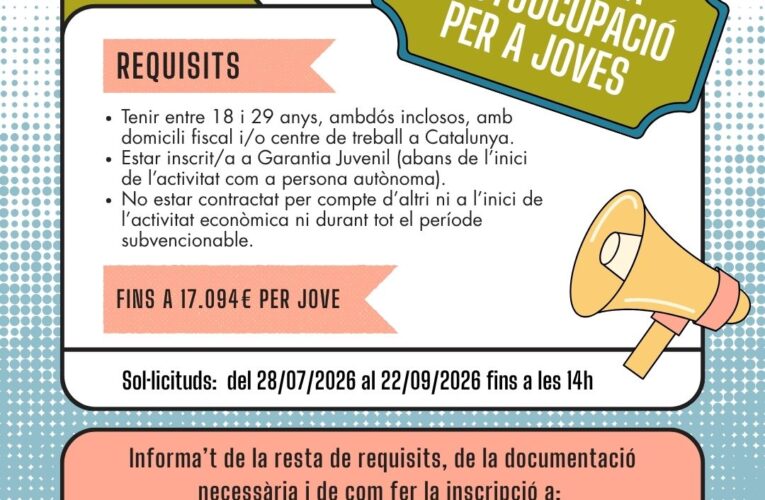 Oberta la convocatòria d’ajuts de la Generalitat de Catalunya per afavorir l’autoocupació de joves