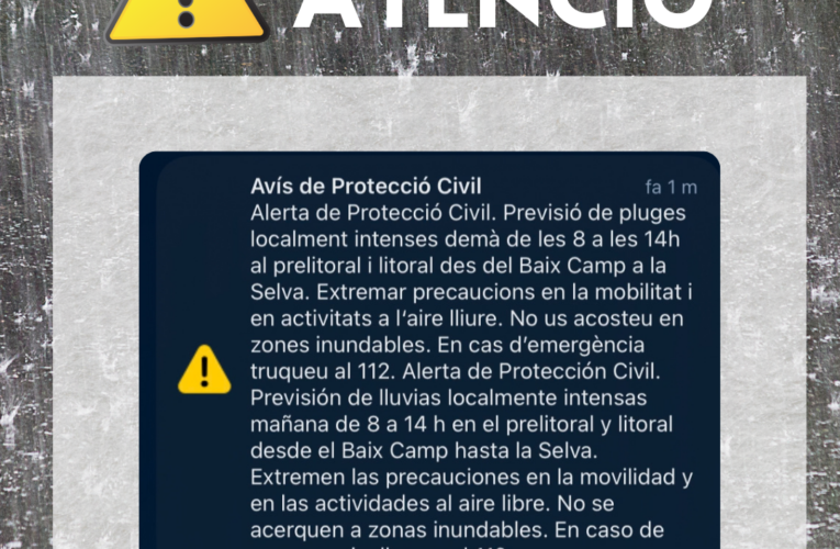 Protecció Civil activa en fase d’Alerta el Pla INUNCAT davant la previsió de pluges intenses