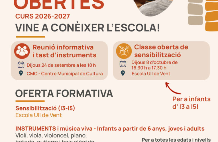 L’Escola Municipal de Música organitza dues jornades de portes obertes per donar a conèixer l’oferta formativa del curs 2026-2027