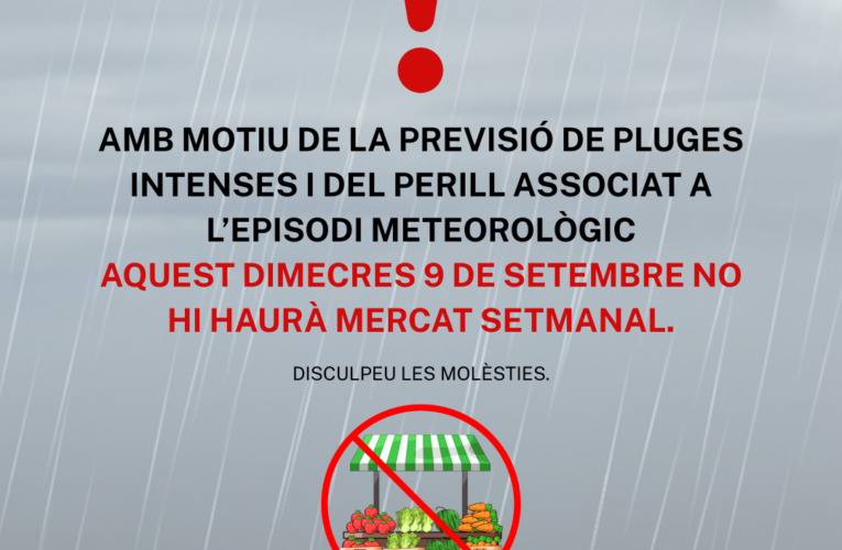 Aquest dimecres 9 de setembre no hi haurà mercat setmanal a la Bisbal del Penedès