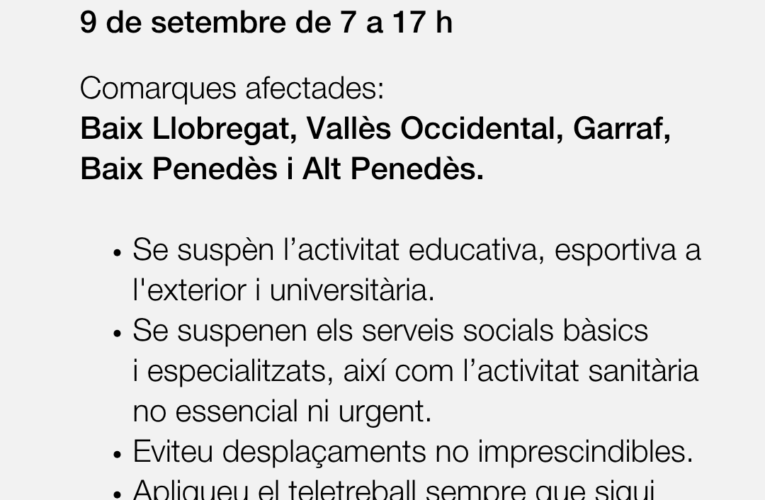 Restriccions al Baix Penedès aquest dimecres 9 de setembre per l’alerta INUNCAT