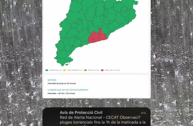 Protecció Civil envia un ES-Alert per risc de pluges torrencials al Baix Penedès