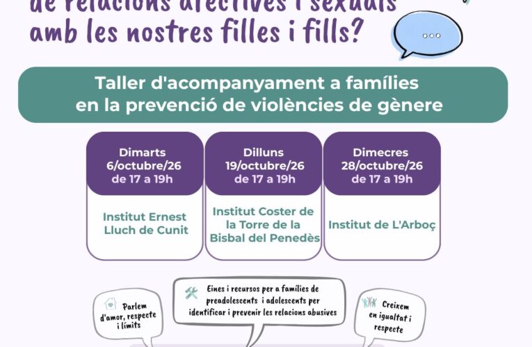 L’Institut Coster de la Torre de la Bisbal del Penedès acollirà una xerrada sobre prevenció de les violències de gènere adreçada a famílies el dilluns 19 d’octubre