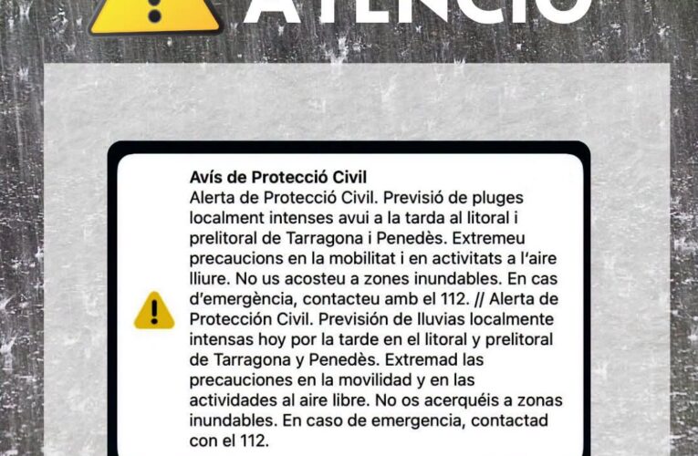 Protecció Civil envia una nova alerta ES-Alert per la previsió de pluges localment intenses aquesta tarda al Penedès